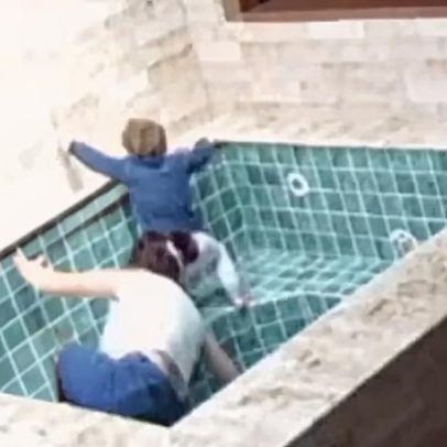 Mãe persegue filho em piscina vazia, sofre queda e vídeo viraliza