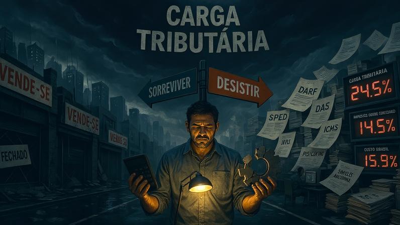 O empresário brasileiro diante do labirinto da reforma tributária: custos em alta e juros caros pressionam a sobrevivência no Simples Nacional (Foto: Imagem gerada pelo GPT Image 2/Gazeta do Povo)