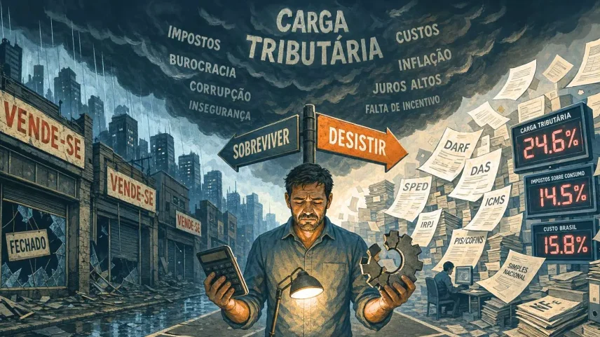 O empresário brasileiro diante do labirinto da reforma tributária: custos em alta e juros caros pressionam a sobrevivência no Simples Nacional (Foto: Imagem gerada pelo GPT Image 2/Gazeta do Povo)
