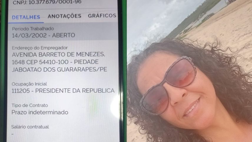 Técnica de enfermagem Aldenize Ferreira da Silva foi registrada em carteira de trabalho digital como presidente da República — Foto: Reprodução/WhatsApp