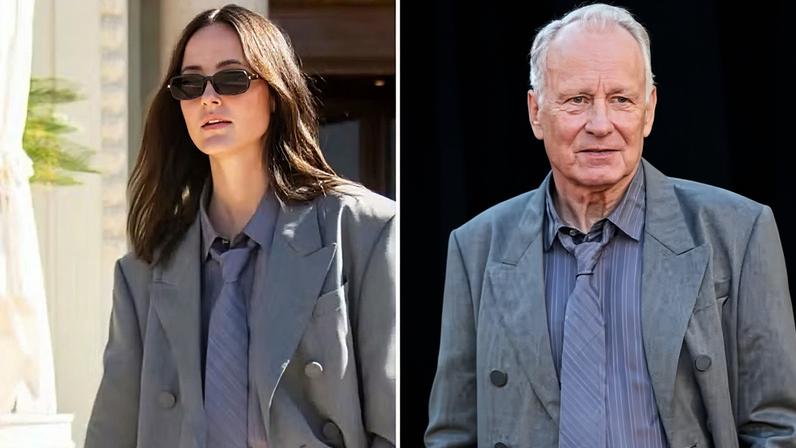 Renate Reinsve e Stellan Skarsgård, pai e filha de 'Valor Sentimental', com mesmo terno — Foto: Instagram