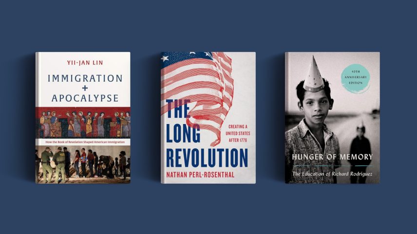 Three books on a blue background.