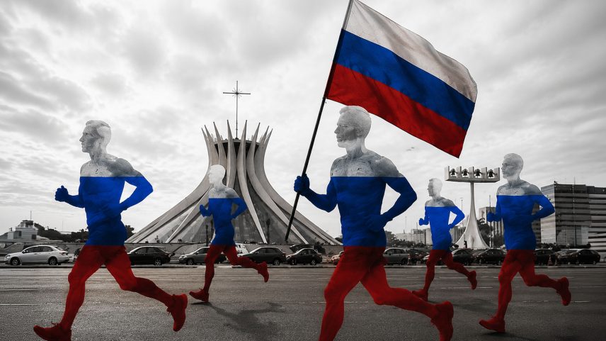 Imagem colorida mostra pessoas correndo segurando a bandeira da Rússia - Metrópoles