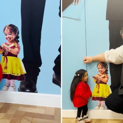 Menor mulher do mundo encontra cartaz com foto em tamanho real de 63 cm