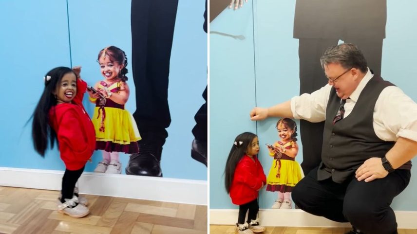 63 cm: menor mulher do mundo encontra cartaz com sua foto estampada em tamanho real — Foto: Reprodução/ Divulgação
