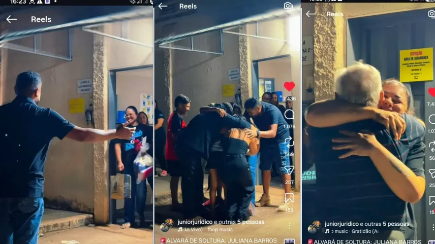 Uma das mulheres é Juliana Barros, mãe de duas crianças, de oito e dez anos, que já cumpriu três anos de pena; seus familiares a aguardavam, ansiosos, em frente à penitenciária (Foto: Reprodução/Instagram/@juniorjuridico)