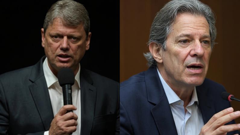 O governador de São Paulo, Tarcísio de Freitas (Republicanos), e Fernando Haddad (PT)