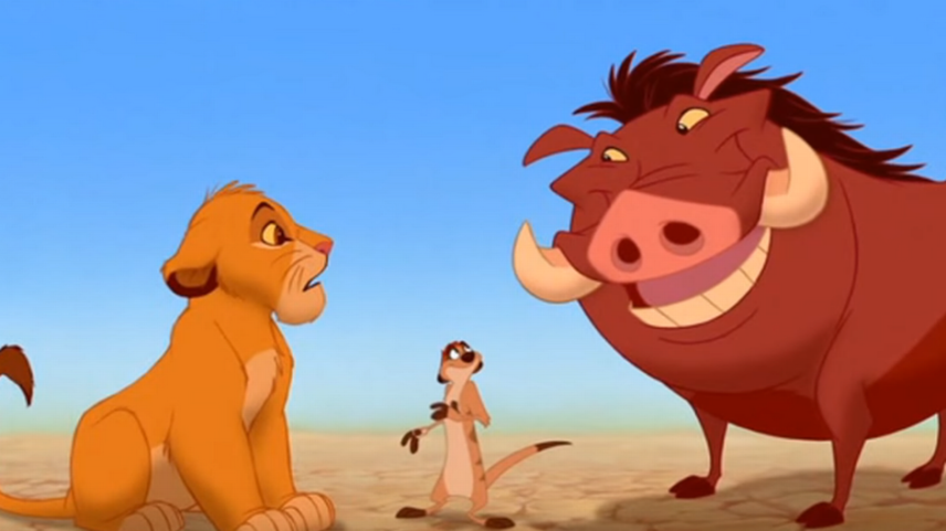 Simba, Timão e Pumba no filme 'O Rei Leão'
