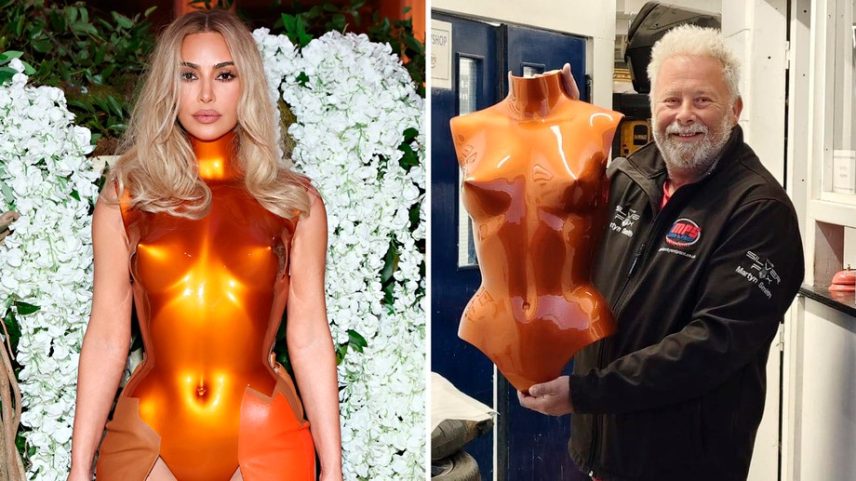 Look usado por Kim Kardashian no Met Gala 2026 e funileiro britânico que fez sua pintura — Foto: Getty e reprodução/Facebook