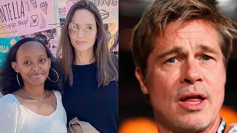 Zahara Marley Jolie com a mãe Angelina Jolie, e o pai Brad Pitt, que teve o sobrenome excluído — Foto: reprodução/X e Getty