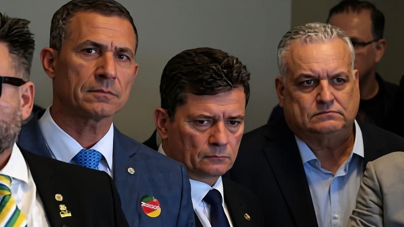 imagem colorida de sergio moro, durante coletiva de imprensa de flávio bolsonaro