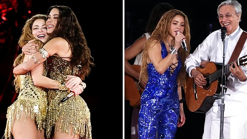 Shakira com Anitta e Caetano Veloso no palco do Todo Mundo no Rio