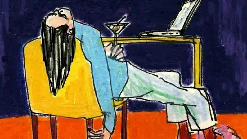 An illustration of a person with a blue shirt and fuzzy pink slippers sitting in a yellow chair. The person is leaning back in the chair with closed eyes and hair hanging down, and holding a martini. On a table in front of the person, there is an open laptop. The background is dark blue and the floor is orange.
