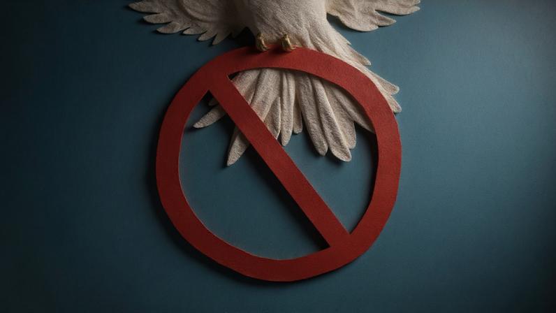 A dove holding an off-limits sign.