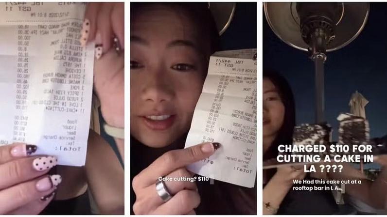 A influenciadora Justine foi cobrada R$ 550 para que o restaurante cortasse e servisse o bolo, mas não foi avisada sobre a taxa com antecedência