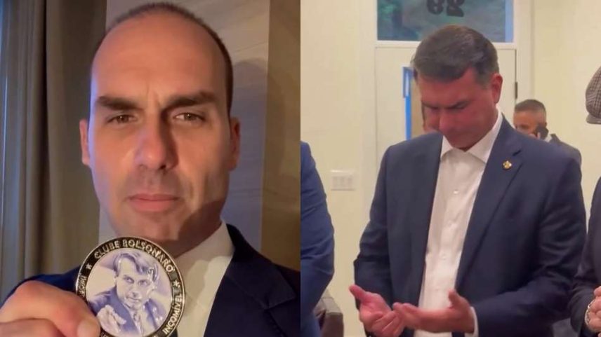 Eduardo Bolsonaro exibe medalha e roda de oração em reunião com Trump