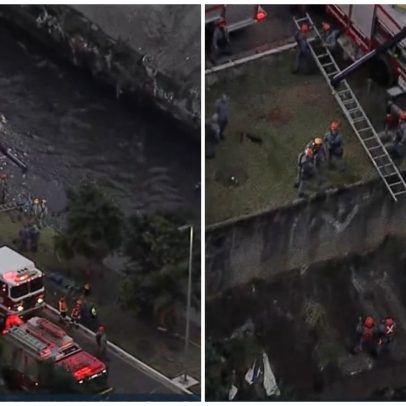 Três carros colidem; um fica submerso no Tamanduateí, na Avenida do Estado