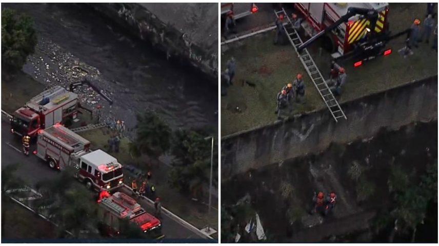 Três carros batem e um deles cai e fica submerso no Rio Tamanduateí — Foto: Reprodução/TV Globo