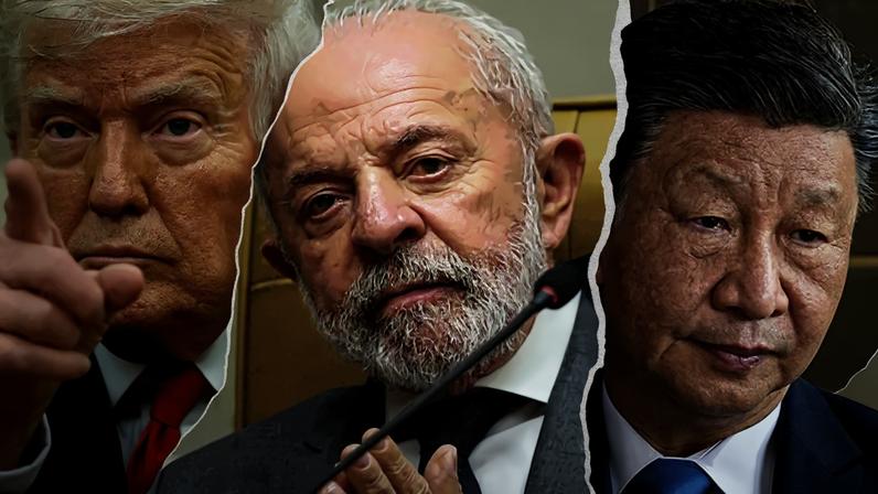 Montagem com fotos coloridas dos presidentes Donald Trump, Luiz Inácio Lula da Silva e Xi Jinping - Metrópoles