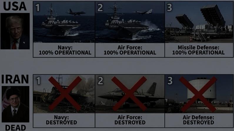 Imagem publicada pelo presidente americano compara força militar dos dois países, após quase um mês de cessar-fogo (Foto: Reprodução/Perfil de Donald Trump na rede Truth Social)