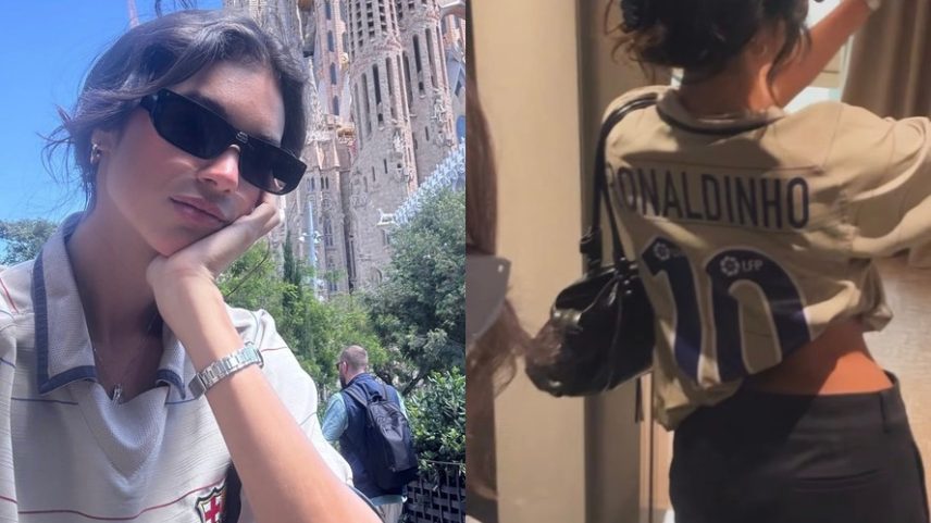 Em Barcelona, Alane Dias improvisa look com roupa emprestada do namorado, Fran Gil