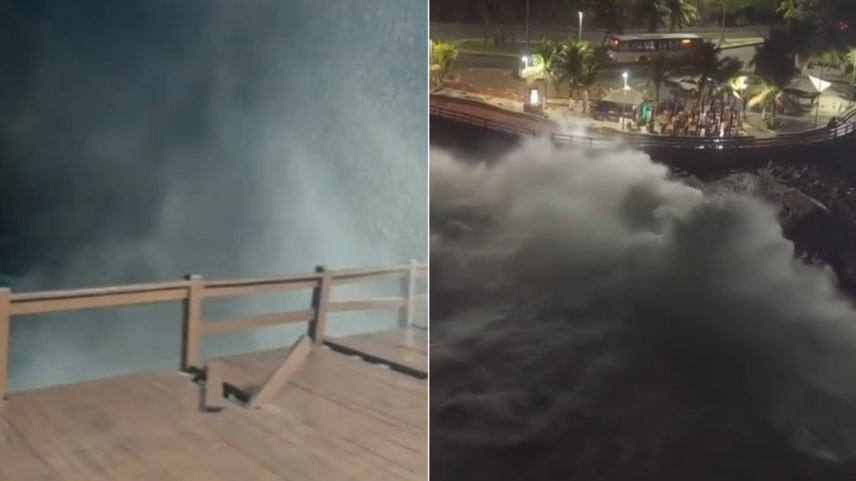 Ressaca com ondas de 3 metros danificam estrutura do Mirante do Leblon