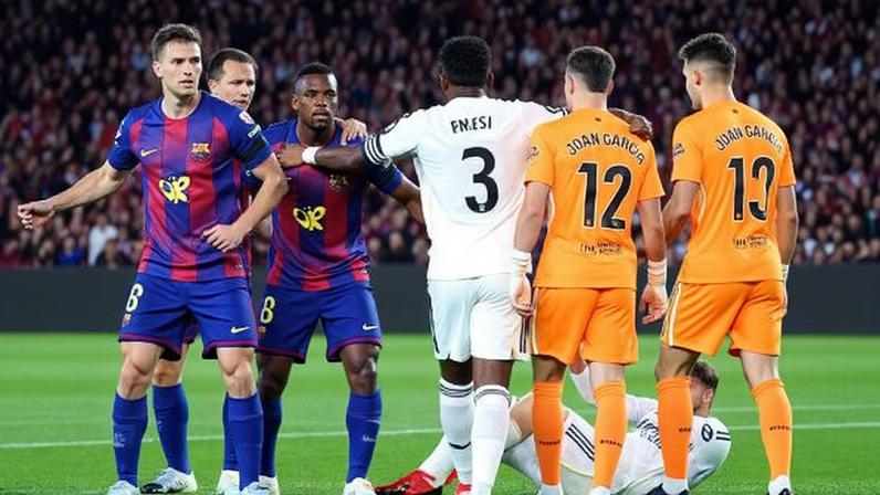 Vini Jr, do Real Madrid, discute com Gavi, do Barcelona, em clássico pelo Campeonato Espanhol
