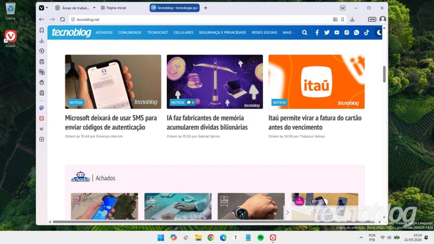Tela de seleção de layout do Vivaldi 8.0 (imagem: Emerson Alecrim/Tecnoblog)