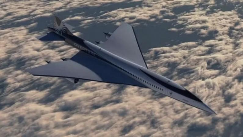 Representação do Overture, um jato comercial supersônico da Boom. Empresa pretende colocá-lo no ar em 2029 — Foto: Divulgação