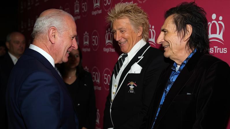 Rei Charles cumprimenta Rod Stewart e Ronnie Wood no Royal Albert Hall — Foto: GettyImages
