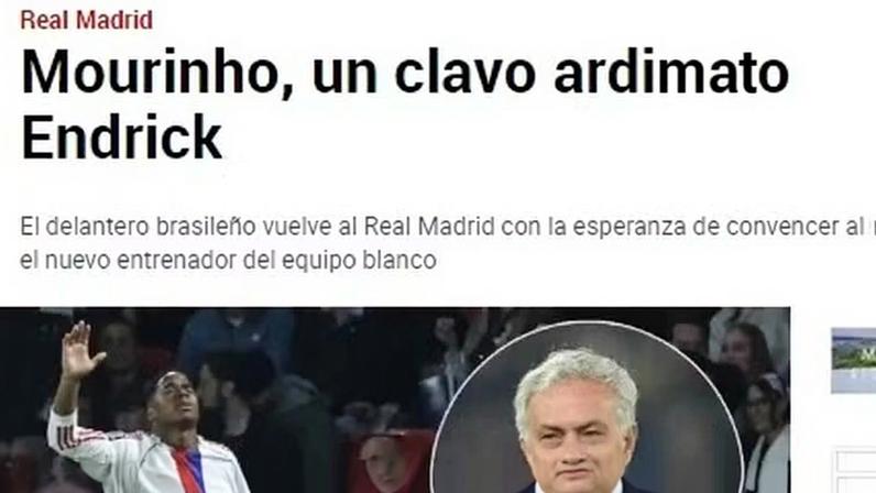 Jornal espanhol aponta Mourinho como "tábua de salvação" para Endrick — Foto: Reprodução