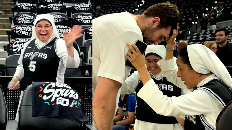 Freiras fazem visita e abençoam jogadores dos Spurs antes de jogo 4 contra OKC — Foto: Reprodução