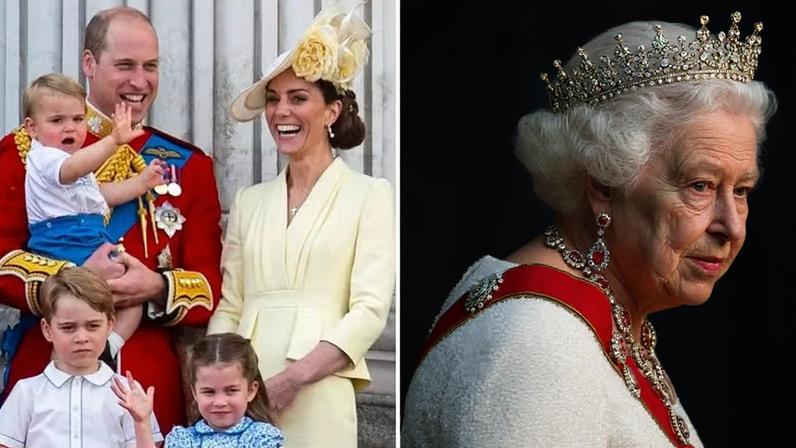 Príncipe William, Kate Middleton e os filhos Louis, George e Charlotte; ao lado, a Rainha Elizabeth II (1926-2022)