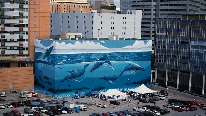 A photo shows a giant mural in Downtown Dallas depicting whales and dolphins swimming in the ocean.
