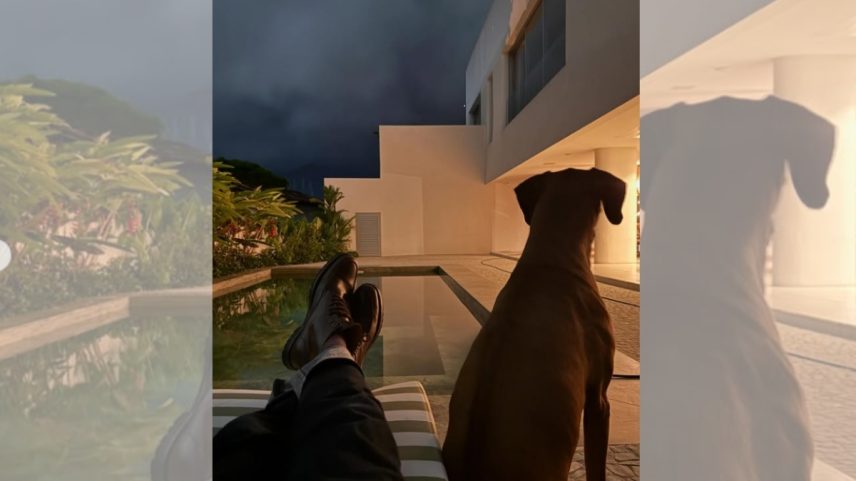 João Vicente e seu cachorro na piscina de casa
