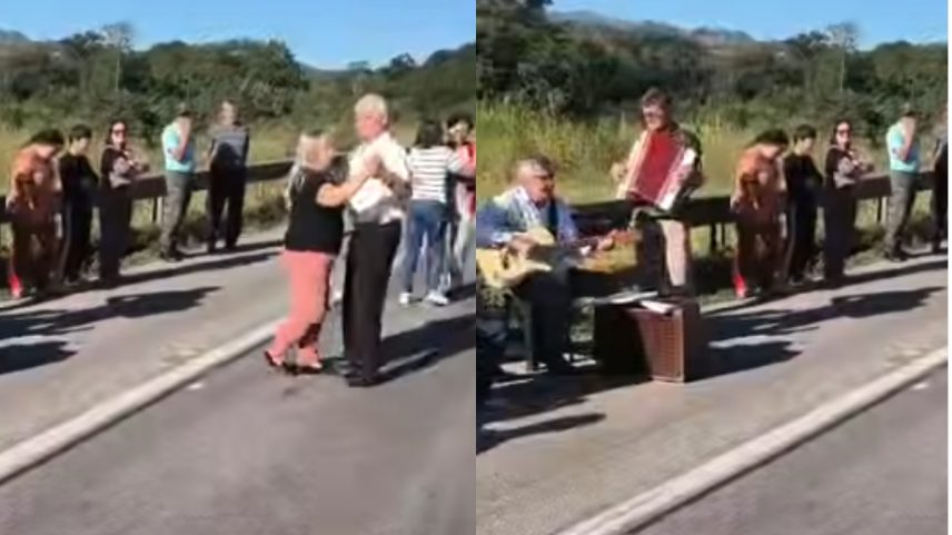 Idosos dançam na rodovia