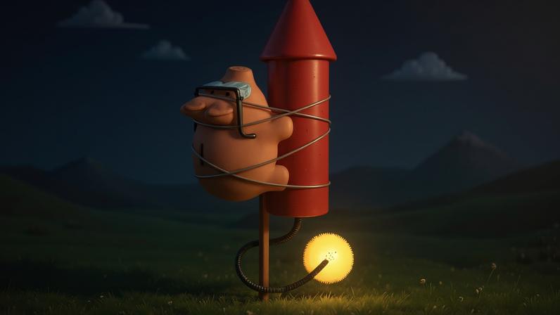 In an illustration, a piggy bank wearing goggles is strapped to a firework with its fuse lit.