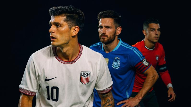 A designed image by The Athletic featuring Christian Pulisic, Lionel Messi and Cristiano Ronaldo with text layered around the image. They read: Hosts, Who will win it? 48 teams, 12 groups and Schedule.