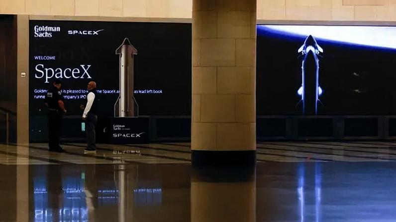 SpaceX signage in the lobby of the Goldman Sachs headquarters in New York.