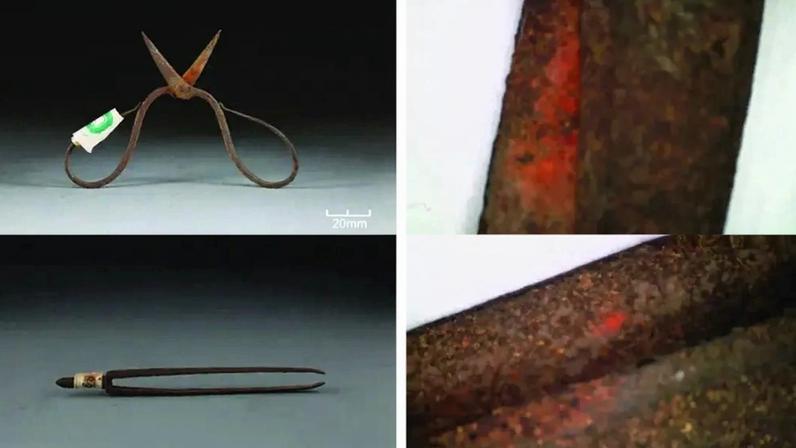 Quatro imagens: tesoura antiga enferrujada com etiqueta verde e pinça de metal escuro, ambas com detalhes ampliados mostrando corrosão e pontos avermelhados
