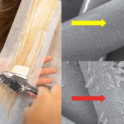 Microscópio revela danos no cabelo após descoloração, alisamento e calor