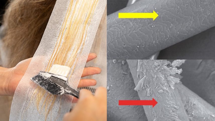 Mãos aplicando descolorante em mecha de cabelo loiro sobre papel, ao lado de duas imagens microscópicas de fios: um com cutículas intactas e outro com cutículas danificadas