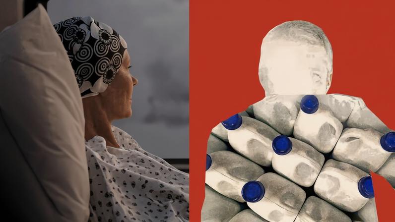 Photo collage showing a cancer patient and figure with clorox bottles inside against a background with blue fumes.