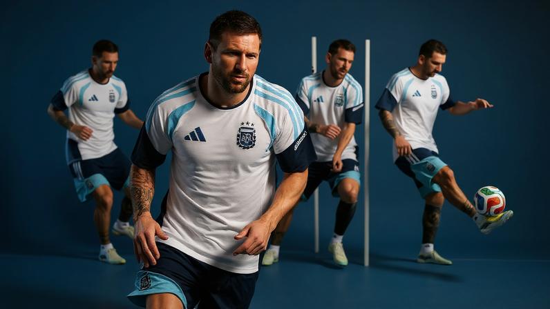 A designed image by The Athletic featuring four images of Lionel Messi during training for Argentina. He is controlling the ball, running and moving around training poles with a sky blue background