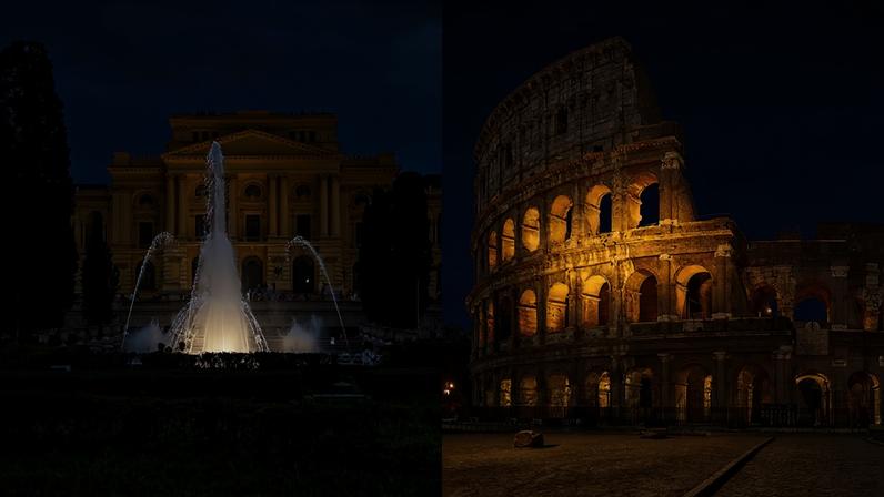 À esquerda, o Museu do Ipiranga em São Paulo, um edifício amarelo neoclássico com uma grande fonte e jardins verdes. À direita, o Coliseu em Roma, uma estrutura antiga de pedra com arcos iluminados em tons de laranja ao entardecer