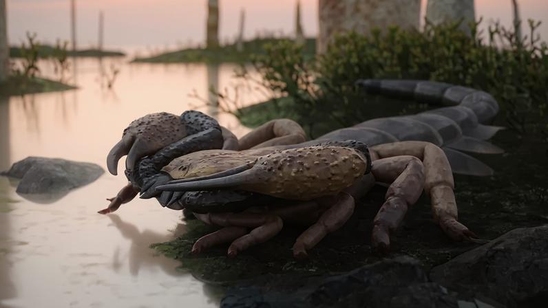 Escorpião pré-histórico com pinças grandes e corpo segmentado, em uma ilha pantanosa com vegetação rasteira e rochas, sob um céu rosado ao entardecer