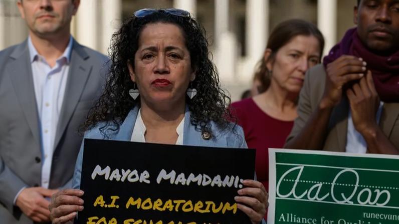 Council Member Alexa Avilés joined an April rally supporting a proposed moratorium on artificial intelligence in New York City classrooms.