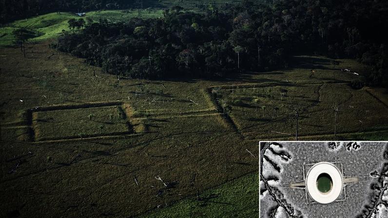 PASSADO - Estrutura geométrica conhecida como geoglifo (acima) e detalhe captado no projeto: mais de 4 000 anos e tamanho de um Maracanã
