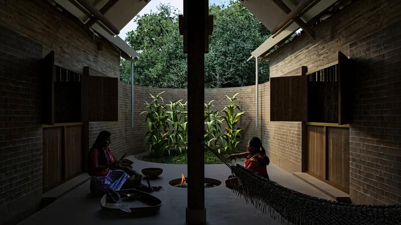 Os alojamentos foram concebidos para acomodar diferentes configurações familiares, incorporando elementos como o fogo, as redes e os espaços de convivência compartilhada ao cotidiano das usuárias