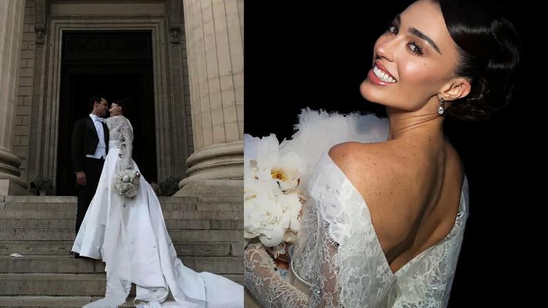 Renda francesa feita à mão, cristais e 640 horas de trabalho: o vestido de noiva de Elisa Zarzur para casar com Alexandre Negrão em Paris.